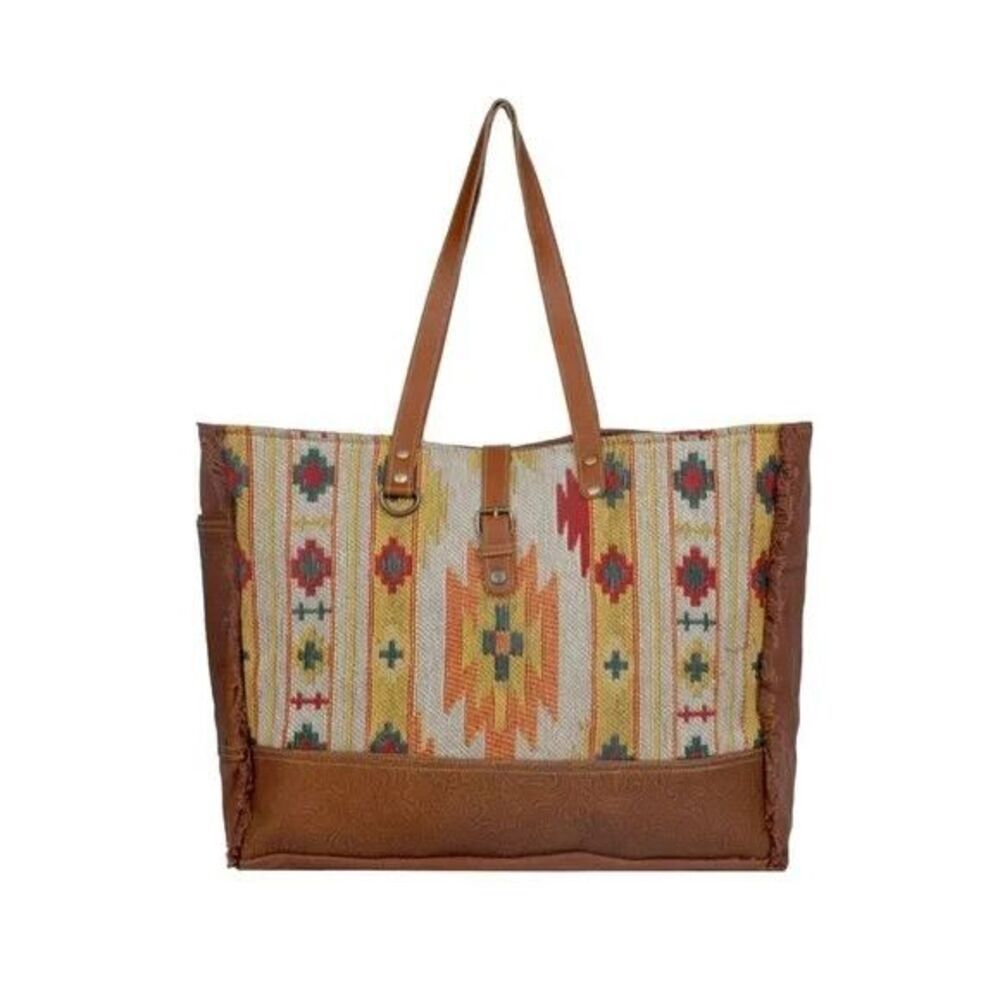 Myra Bag Handmade Dayspring Weekender Bag Upcycled Canvas & Cowhide Leather